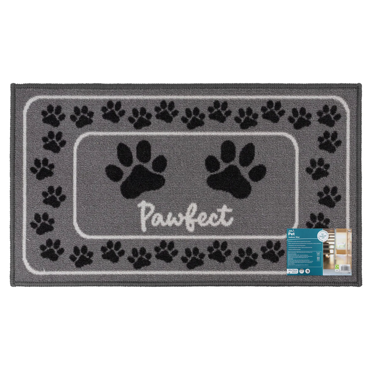 JVL Pet Mats Grey Pawfect Paw Prints 40 x 70cm