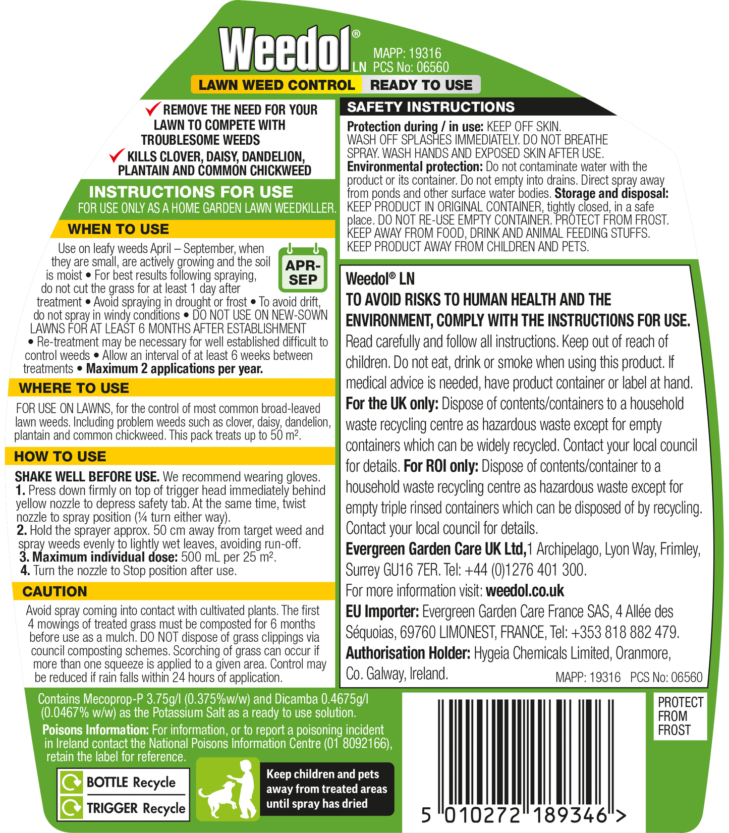 Weedol LN Lawn Weedkiller Ready to Use Spray 1L