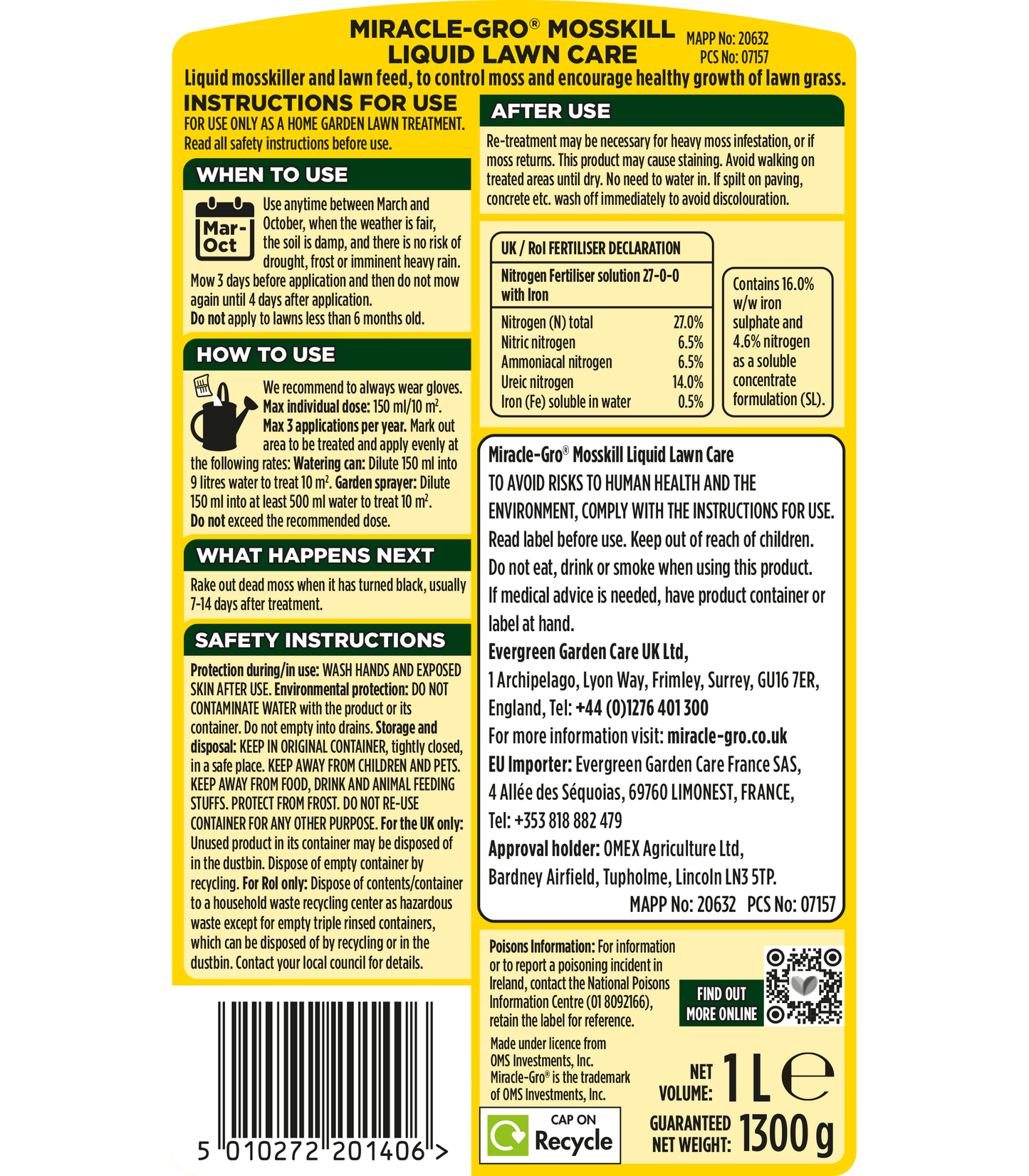 Miracle Gro Mosskill Concentrate Liquid Lawn Care 1L