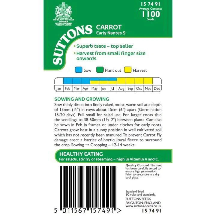 Suttons Carrot Early Nantes 5 Seeds