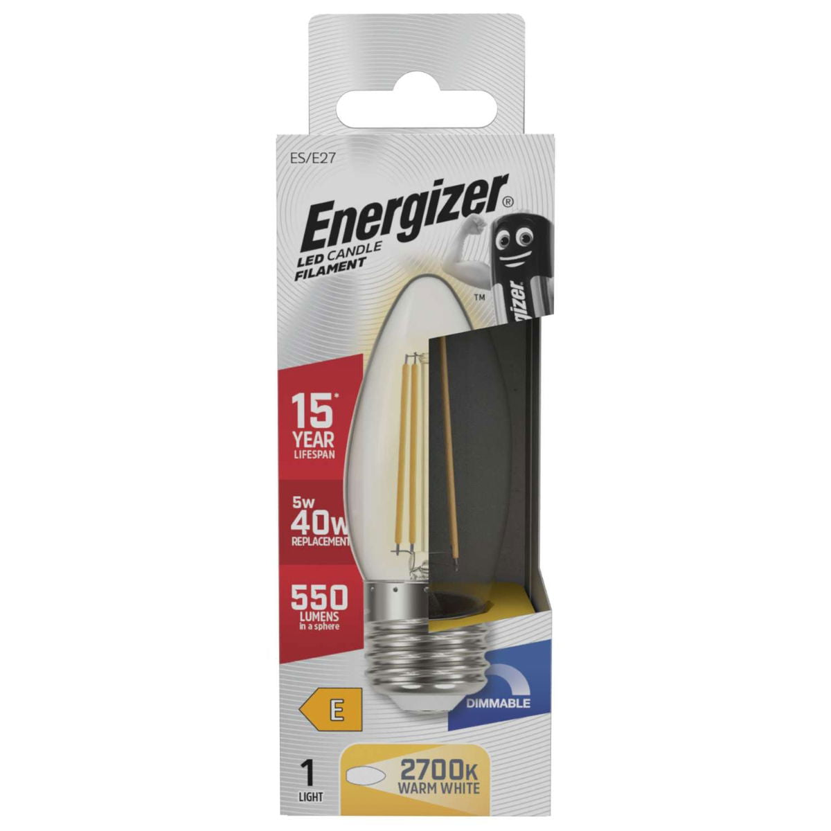 Energizer LED Dimmable Clear Filament ES 40W Candle Warm White