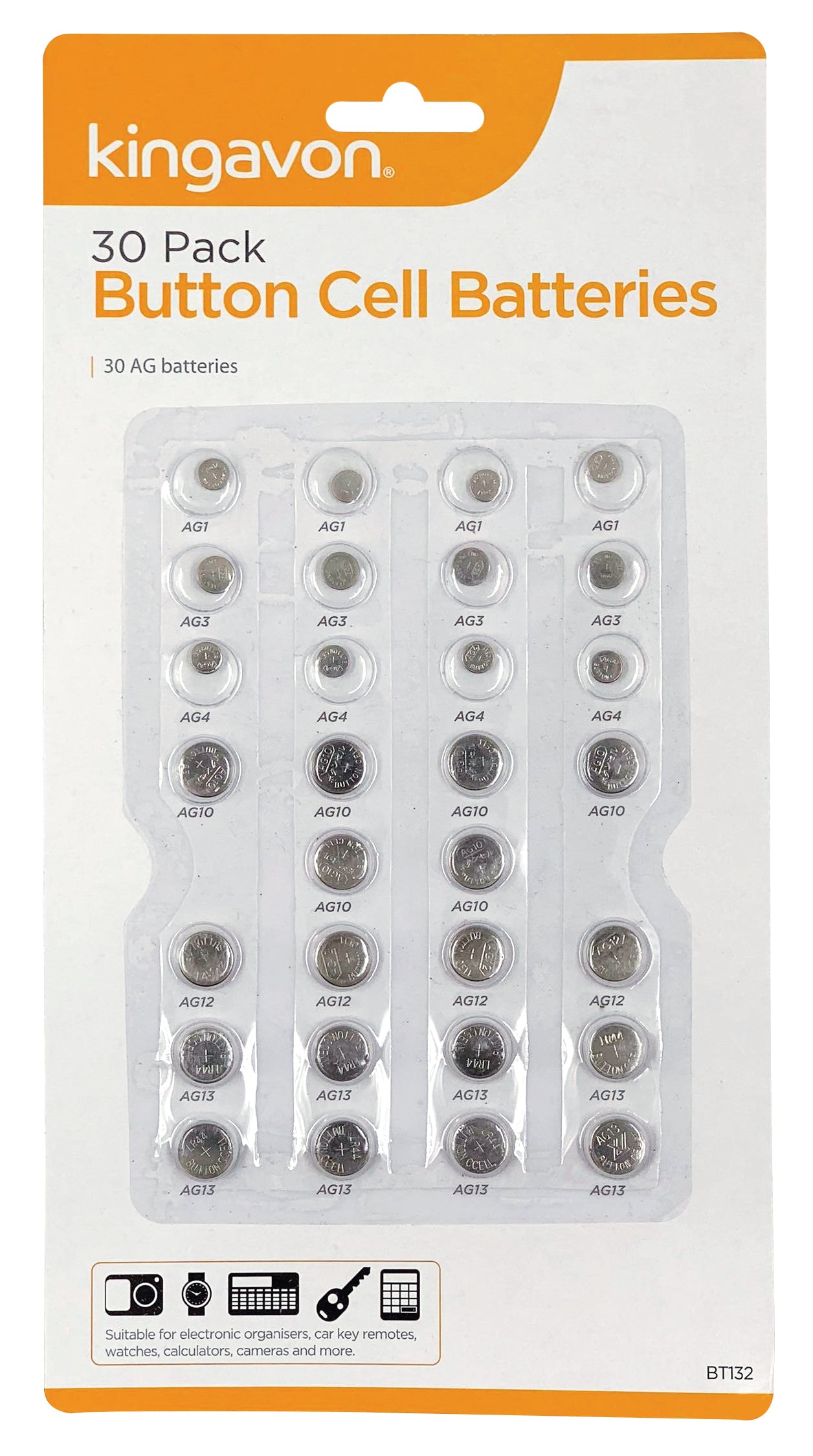 Kingavon BT132 Button Cell Batteries 30 Pack