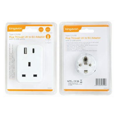 Kingavon UK to EU Plug Through Travel Adaptor with Type C & USB Ports