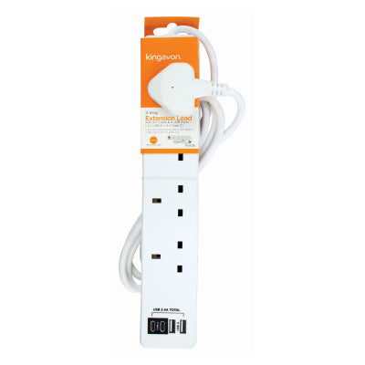 Kingavon PA106 4 Way Extension Lead & 2m Cable with 4 USB Ports