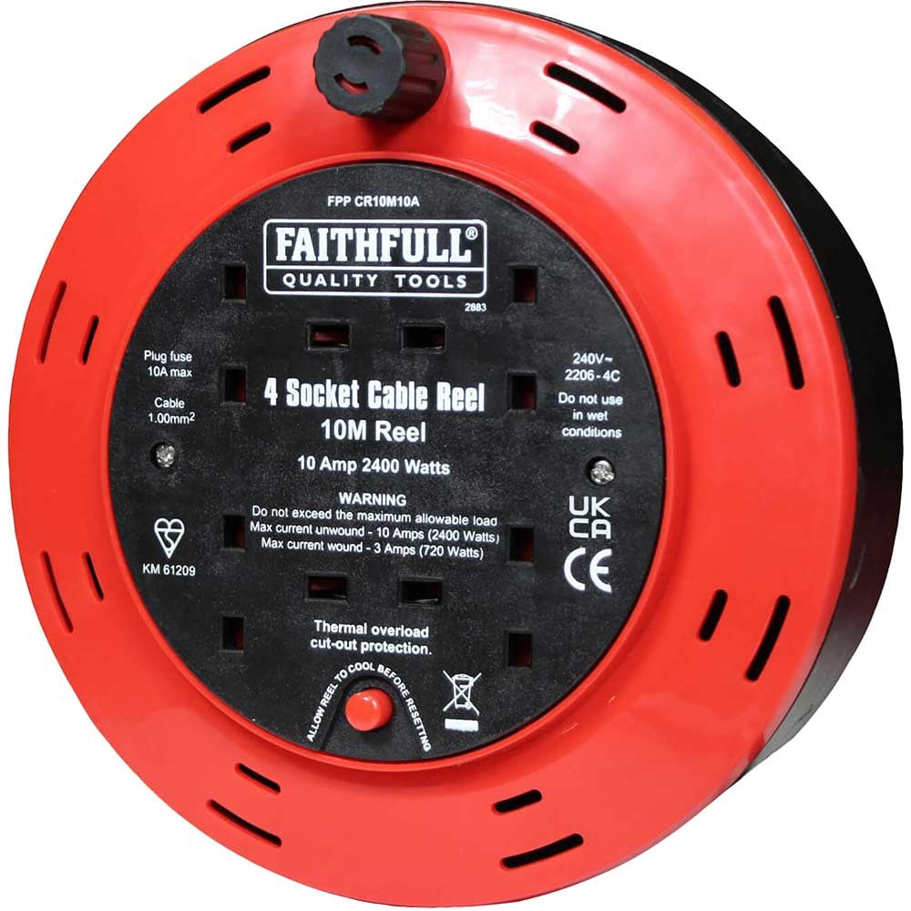 Faithfull 13A 10m Cable Reel with 4 Sockets