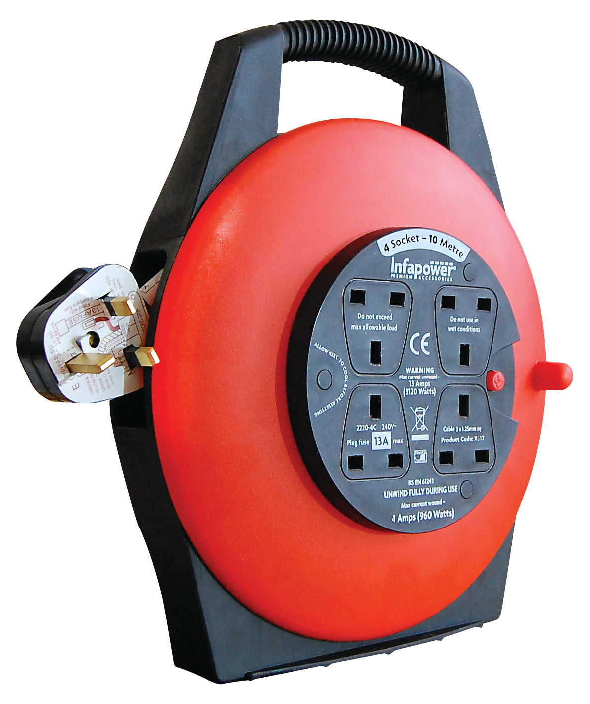 Infapower 4 Socket 13A 10 Metre Extension Reel