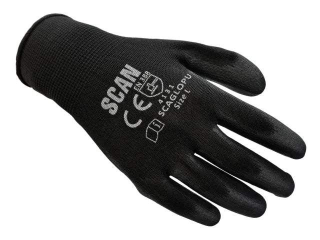 Scan Black PU Coated Work Gloves Size 9 Large