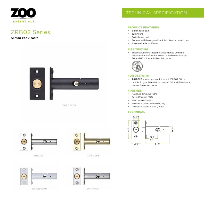 Zoo Electro Brass Rack Bolt 61mm