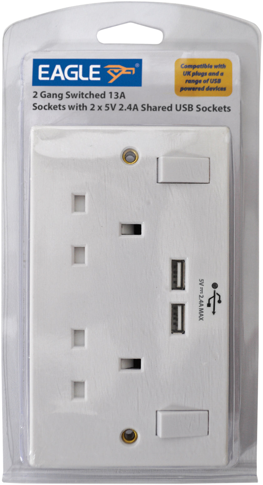 Eagle 2 Gang Switched Socket with 2 USB Ports