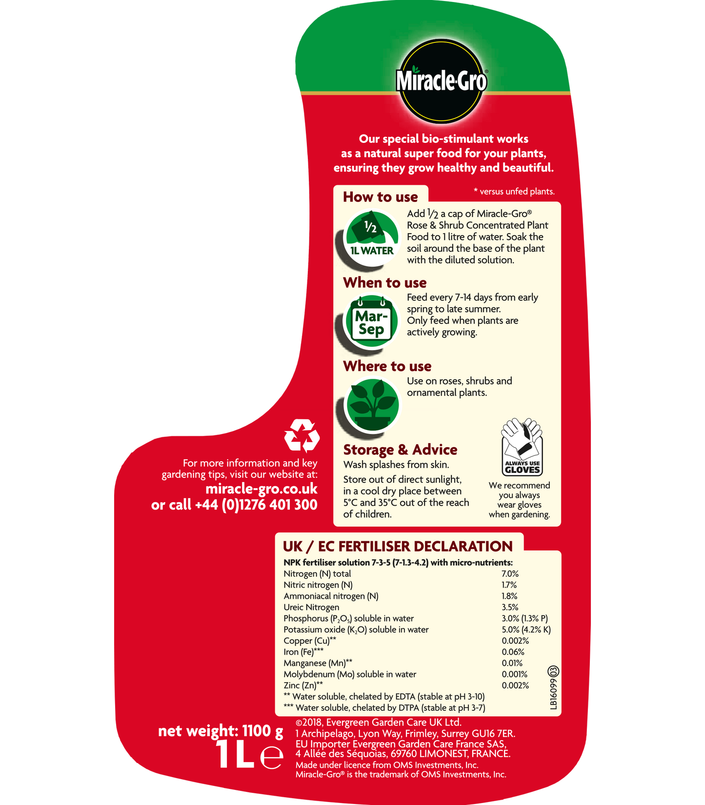 Miracle Gro Rose & Shrub Concentrated Plant Food 1L