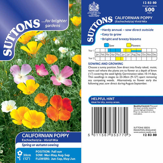 Suttons Californian Poppy Eschscholzia Vivid Mix Seeds