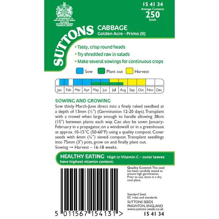 Suttons Cabbage Golden Acre Primo Seeds