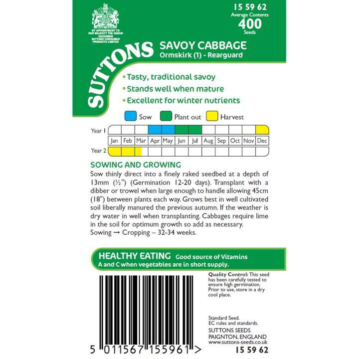 Suttons Savoy Cabbage Ormskirk 1 Rearguard Seeds