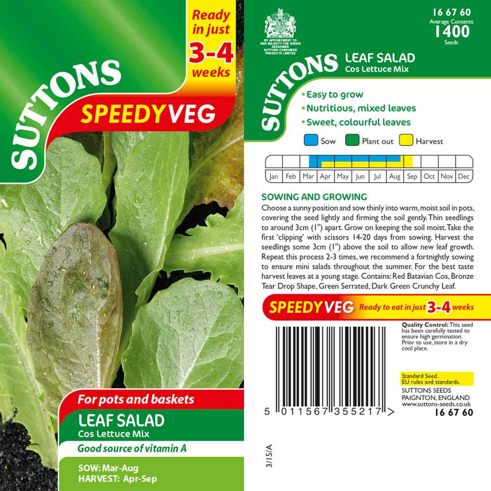 Suttons Speedy Veg Leaf Salad Cos Lettuce Mix Seeds
