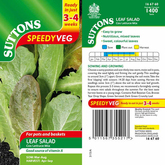 Suttons Speedy Veg Leaf Salad Cos Lettuce Mix Seeds