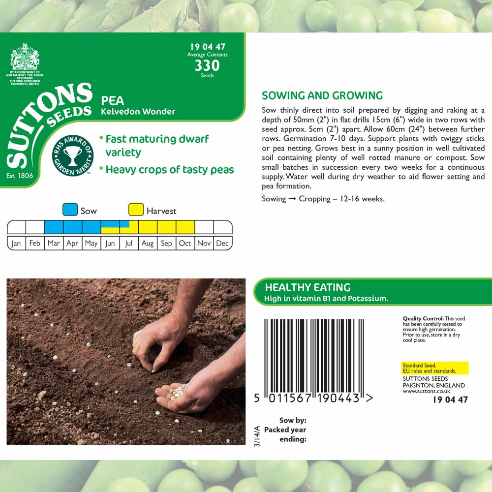 Suttons Pea Kelvedon Wonder Seeds