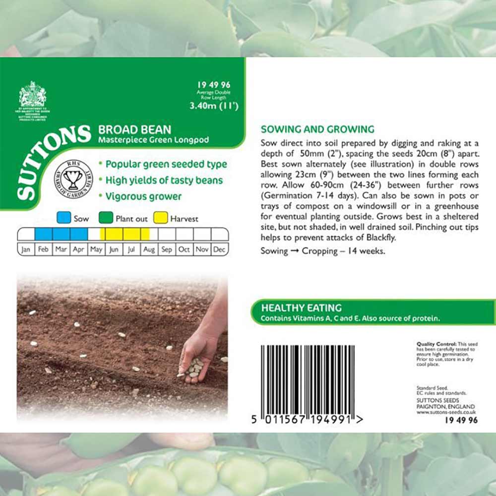 Suttons Broad Bean Masterpiece Green Longpod Seeds