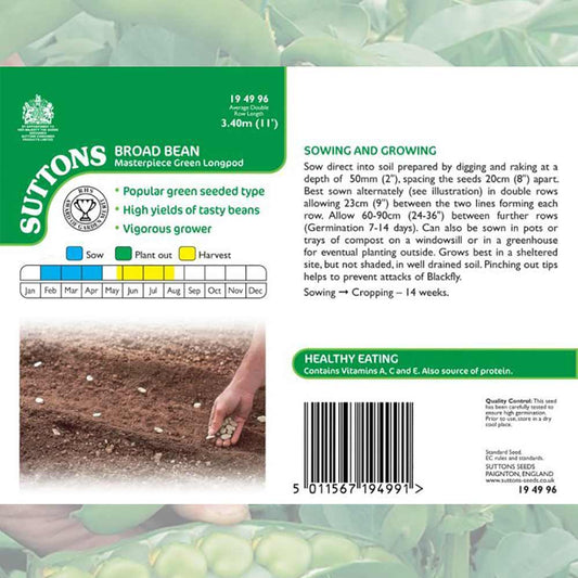 Suttons Broad Bean Masterpiece Green Longpod Seeds