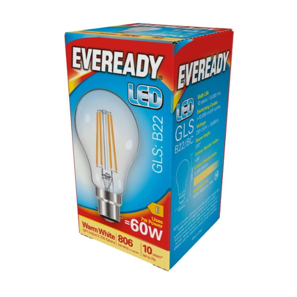 Eveready Clear LED BC 60W Warm White GLS Bulb
