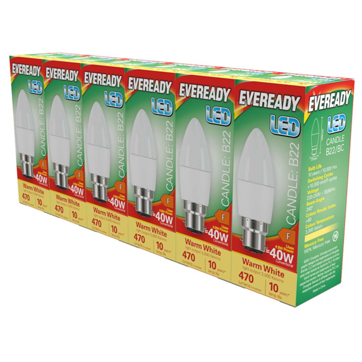Eveready LED BC 40W Warm White Candle Bulbs 6 Pack