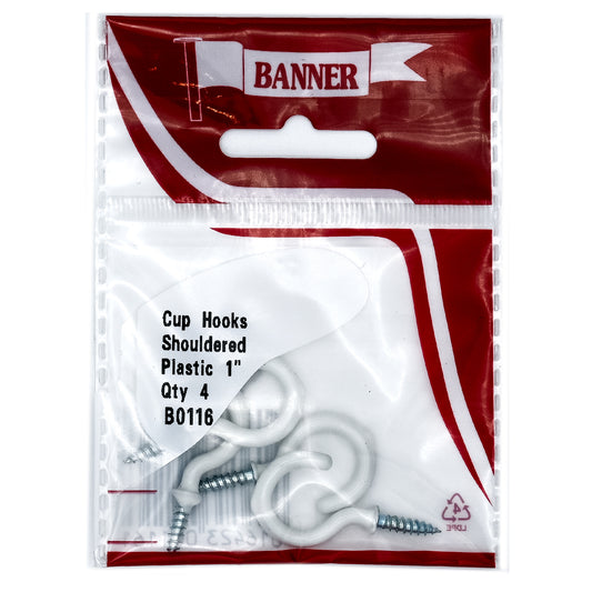 Banner White Shouldered Cup Hooks 1" 4 Pack