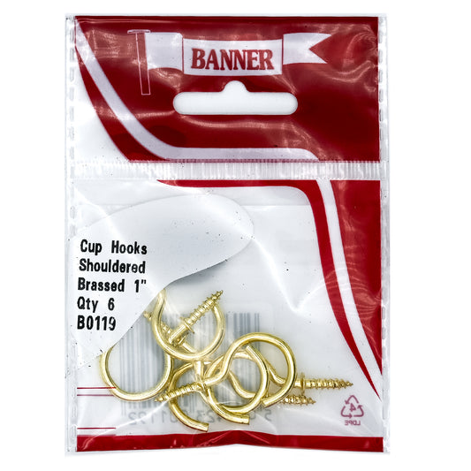 Banner Brass Shouldered Cup Hooks 1" 6 Pack