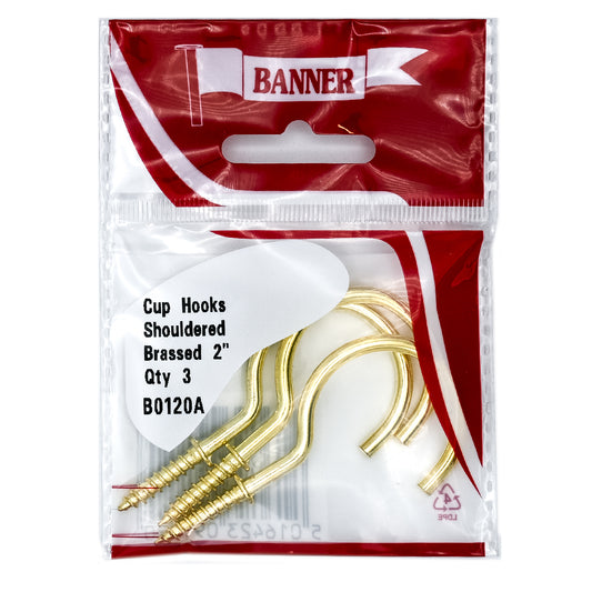 Banner Brass Shouldered Cup Hooks 2" 3 Pack