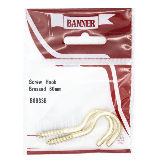 Banner Brass 60mm Screw Hooks 2 Pack