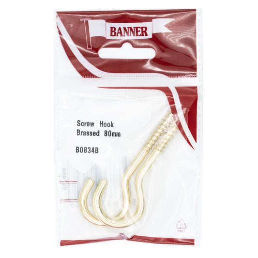 Banner Brass 80mm Screw Hooks 2 Pack