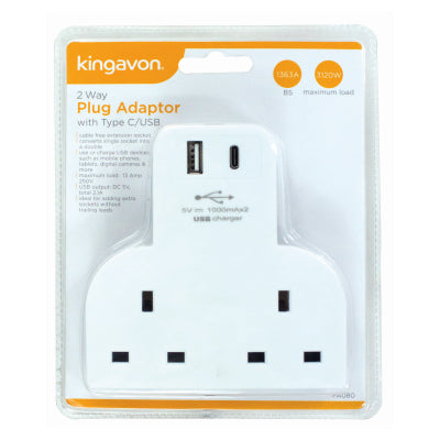 Kingavon 2 Way Plug Adaptor with USB A & C Ports