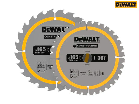 DeWalt DT90270 Construction Circular Saw Blades 2 Pack 165 x 20mm x 24T/36T