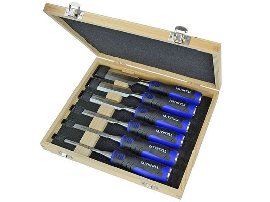 Faithfull WCSGS6WB Soft Grip Bevel Edge 6 Piece Chisel Set in Wooden Case