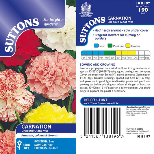 Suttons Carnation Chabaud Giant Mix Seeds