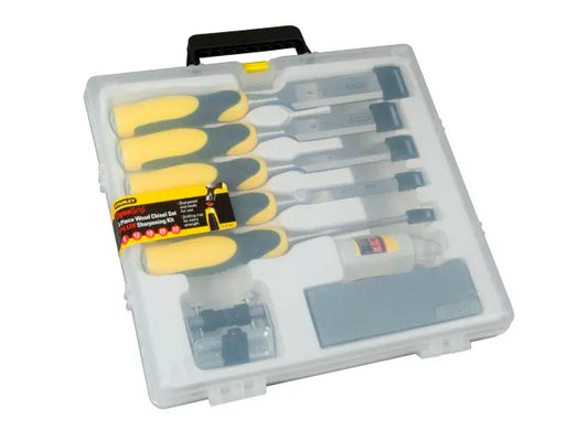 Stanley Dynagrip 5 Piece Chisel Set with Oil Stone & Honing Guide