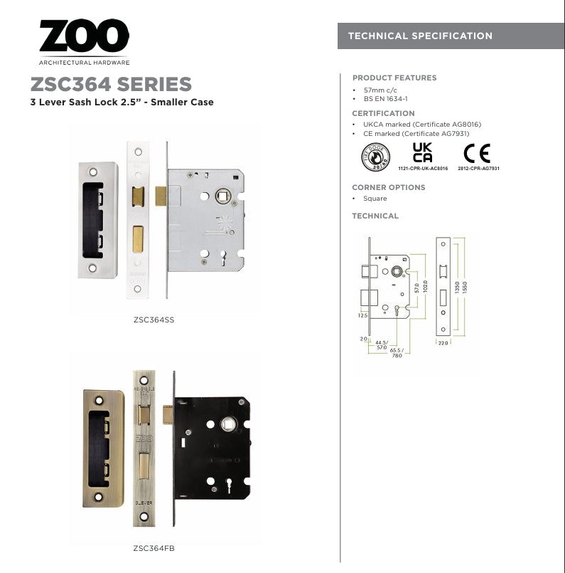 Zoo 3 Lever Sashlock 2.5" Bronze