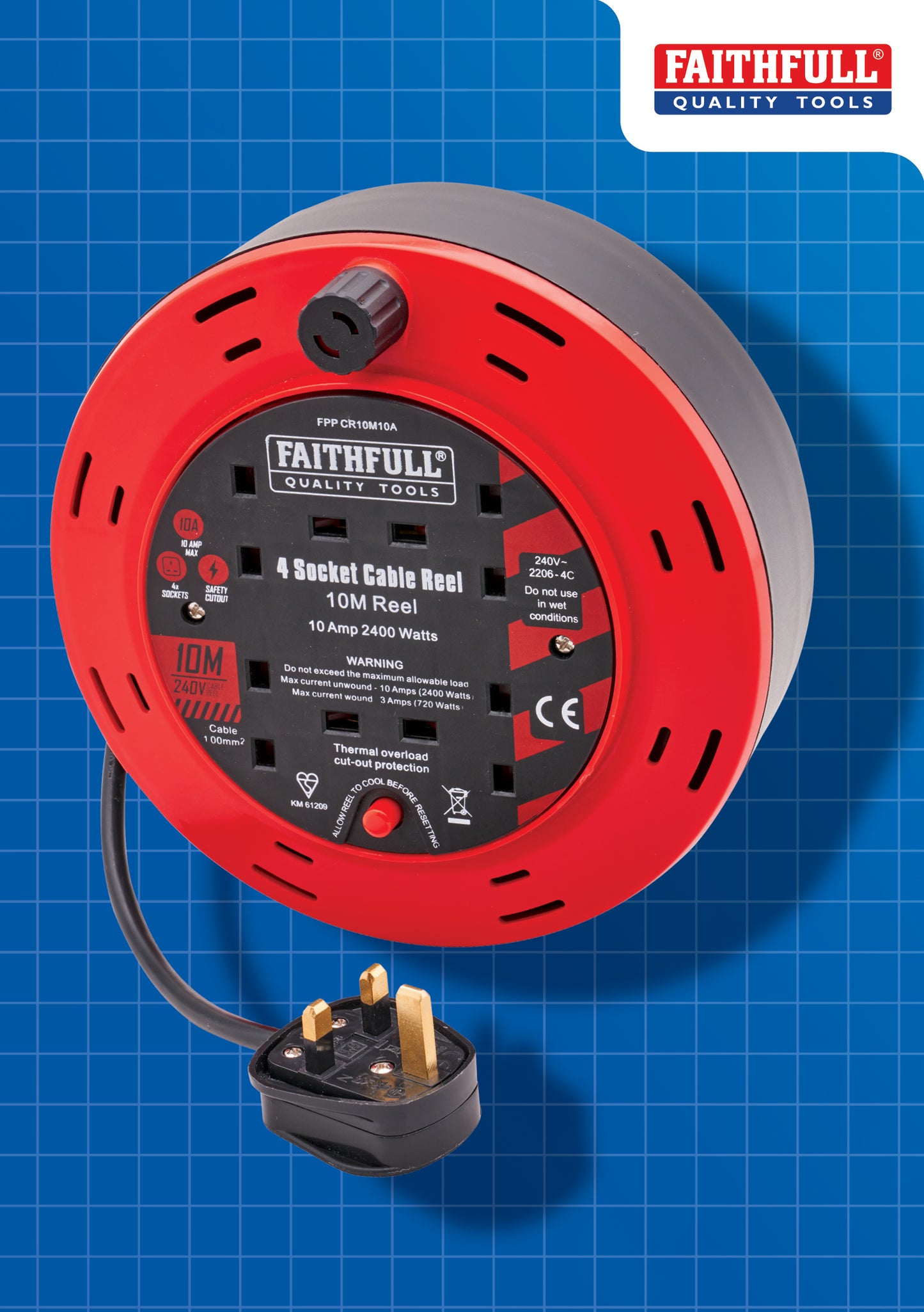 Faithfull 13A 10m Cable Reel with 4 Sockets