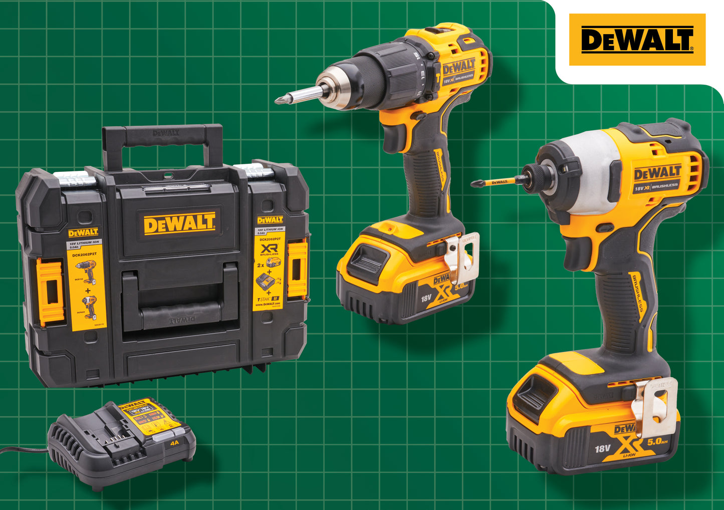 DeWalt 18V XR Combi Drill & Impact Driver with 2 x 5.0 Ah Batteries & Charger