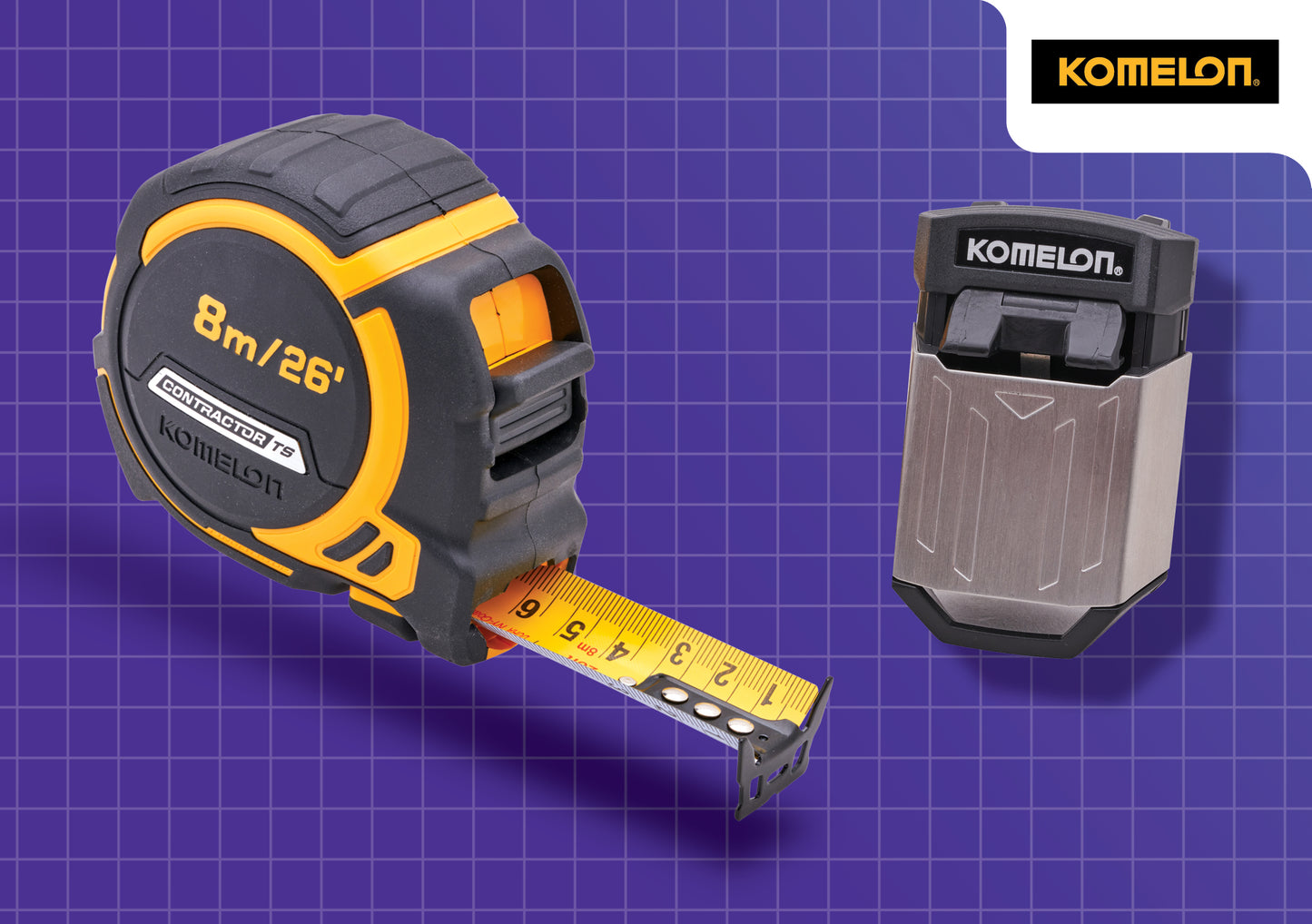 Komelon 8m Contractors Tape Measure with Free Belt Clip