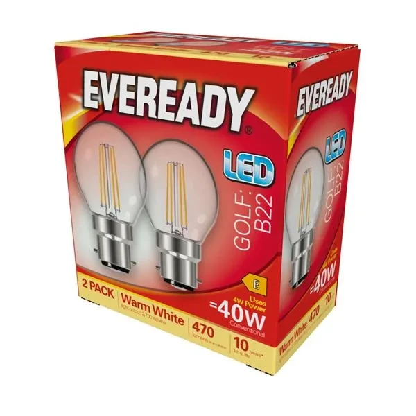 Eveready LED Filament BC 40W Golfball Warm White Twin Pack – Jim's DIY