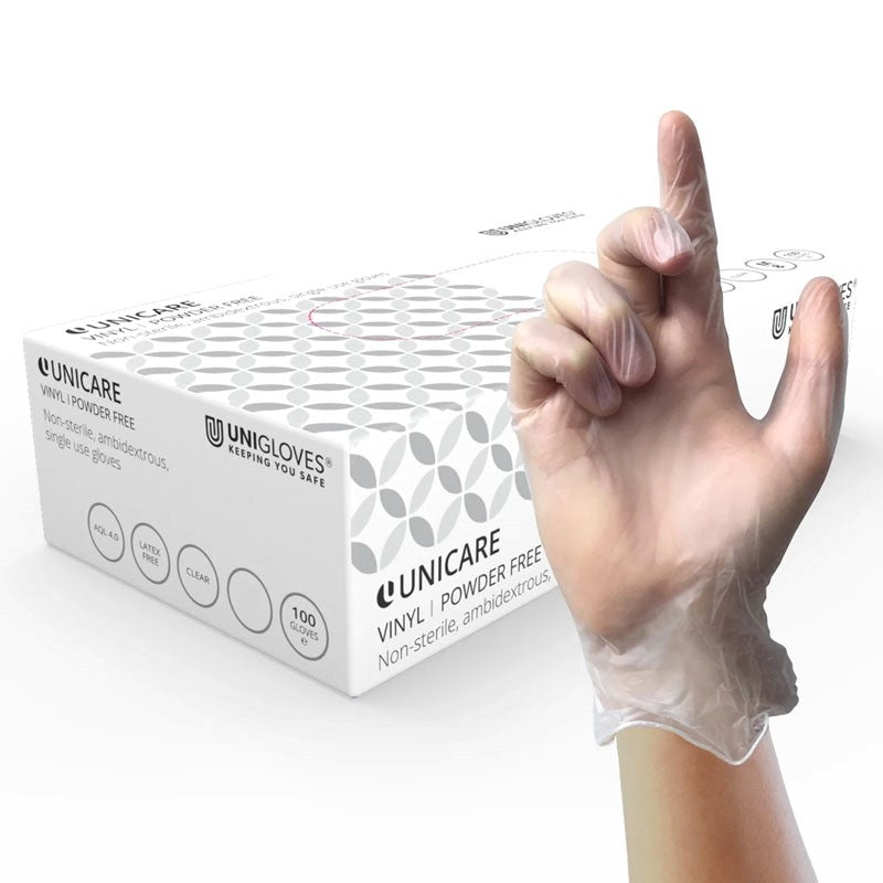Unicare Vinyl Clear Latex & Powder Free Gloves Size Large 100 Gloves