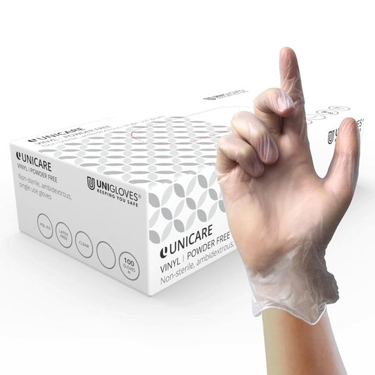 Unicare Vinyl Clear Latex & Powder Free Gloves Size Large 100 Gloves